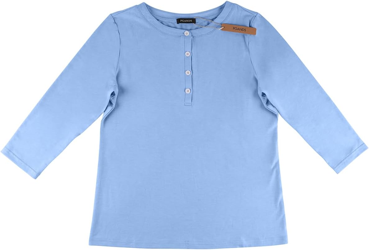 PGANDS Women's 3/4 Length Sleeve T Shirts Button Down Scoop Neck Casual Tops