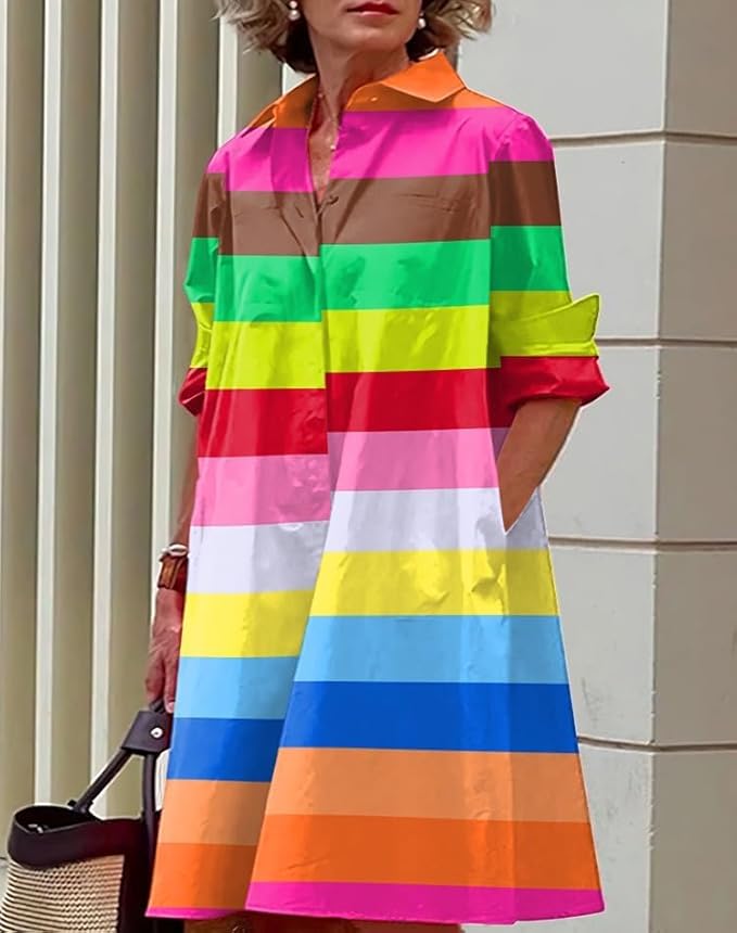 Womens 2025 Long Sleeve Button Down Shirt Summer Dress Casual V Neck Loose Fit Midi Shirt Dresses with Pockets