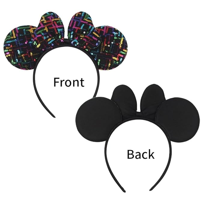 WW-WONDERFULWORLD Black Mouse Ears Headband with Rainbow Sequin, for Cartoon Princess Costume Cosplay Accessory, Glitter Christmas Party; H-XT