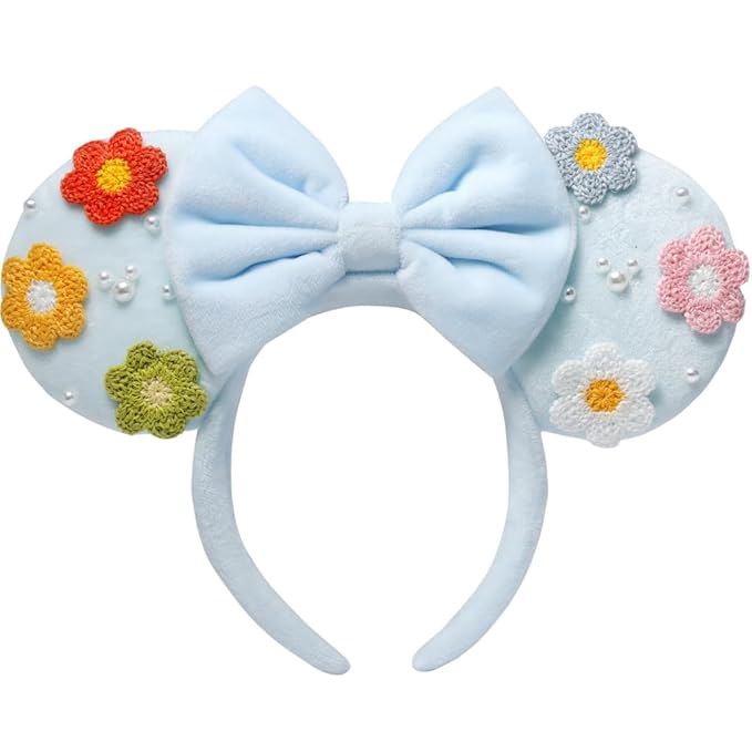 UNSPAZ Mouse Ears Headband, Mouse Ears for Women Girls with Pearl, Park Ears for Trips Birthday Decorations Hair Accessories (Baby Blue)