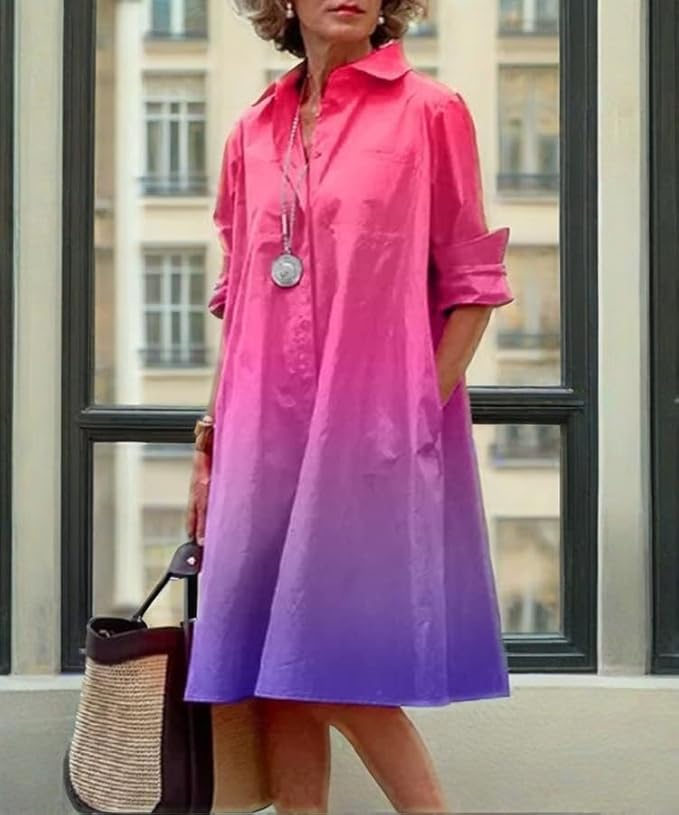 Womens 2025 Long Sleeve Button Down Shirt Summer Dress Casual V Neck Loose Fit Midi Shirt Dresses with Pockets