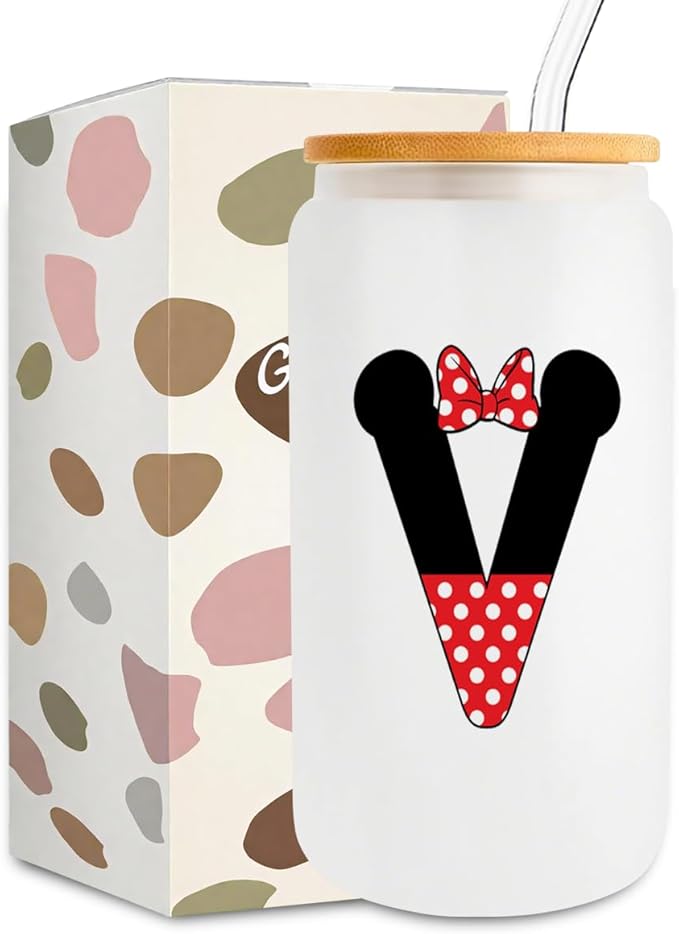 Cute Cartoon Mouse Lover Gifts Initial A-Z Personalized Iced Coffee Cup Magic Mouse Stuff Wizard Gift 16oz Glass Cup with Lid and Straws Birthday Christmas Gifts for Women Teen Girls (Letter V)
