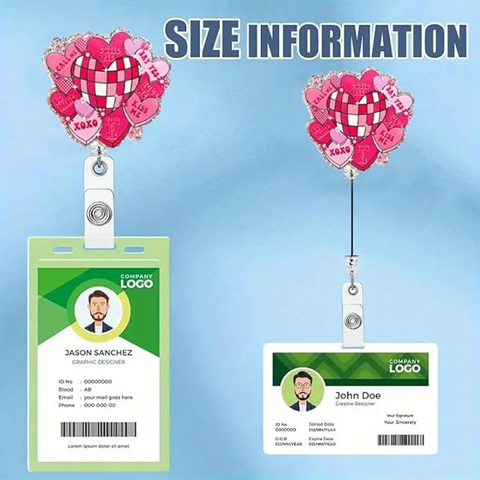 Valentine's Badge Reels Pink Heart Badge Reels Retractable Acrylic Glitte Retractable Badge Holder with 360 Rotating Clip Heart Badge Clip Valentines Holiday ID Badge Holder for Nurse Doctor Gift