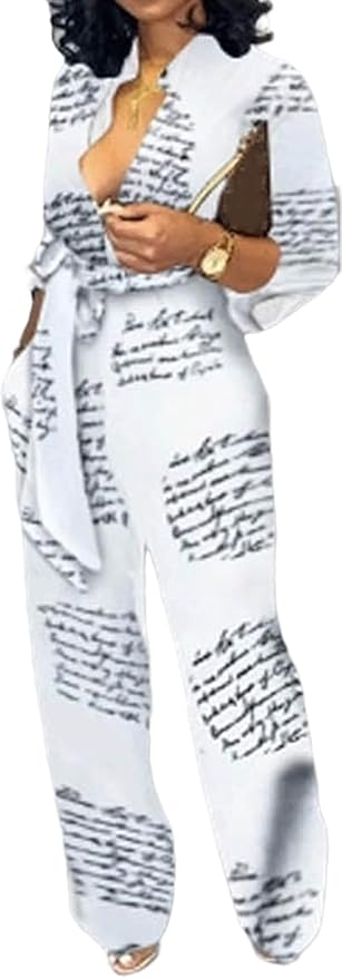SeNight Women's Jumpsuits Elegant Business Casual Button Down V Neck Long Sleeve Strap Straight Long Pants With Pockets