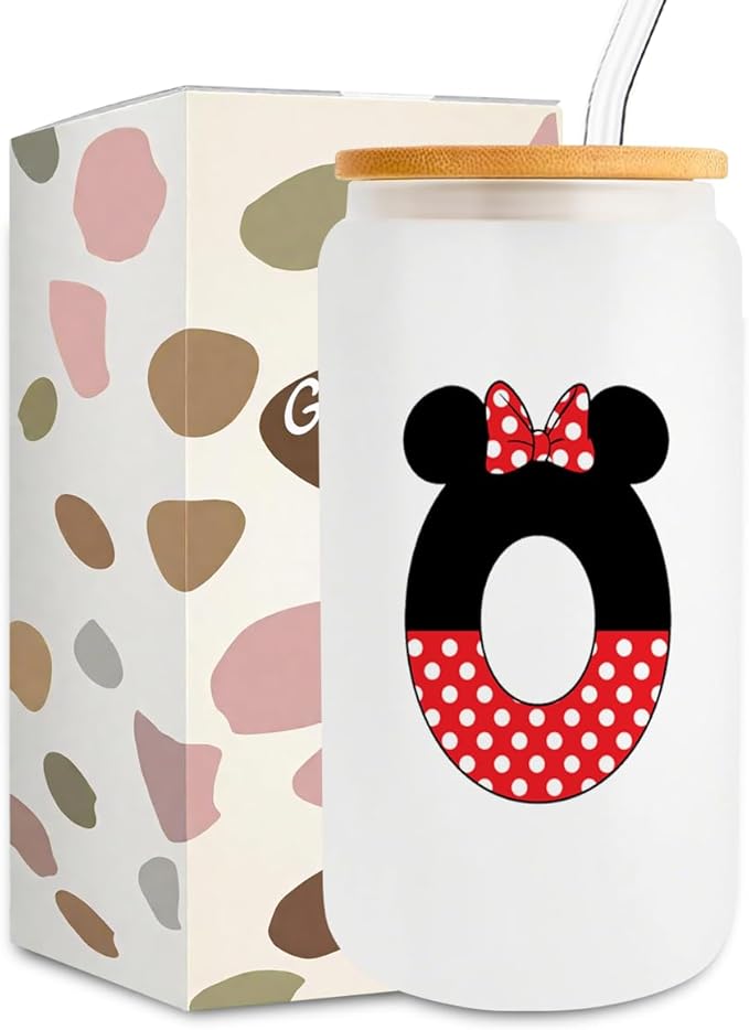 Cute Cartoon Mouse Lover Gifts Initial A-Z Personalized Iced Coffee Cup Magic Mouse Stuff Wizard Gift 16oz Glass Cup with Lid and Straws Birthday Christmas Gifts for Women Teen Girls (Letter O)