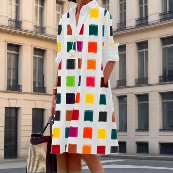 Womens 2025 Long Sleeve Button Down Shirt Summer Dress Casual V Neck Loose Fit Midi Shirt Dresses with Pockets
