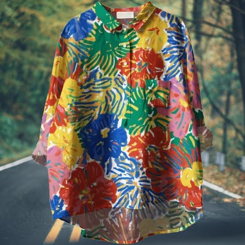 Womens Boho Tops 3/4 Long Sleeve Floral Blouses Hawaii Beach Button Down Shirts V Neck Pullover Casual Tunics