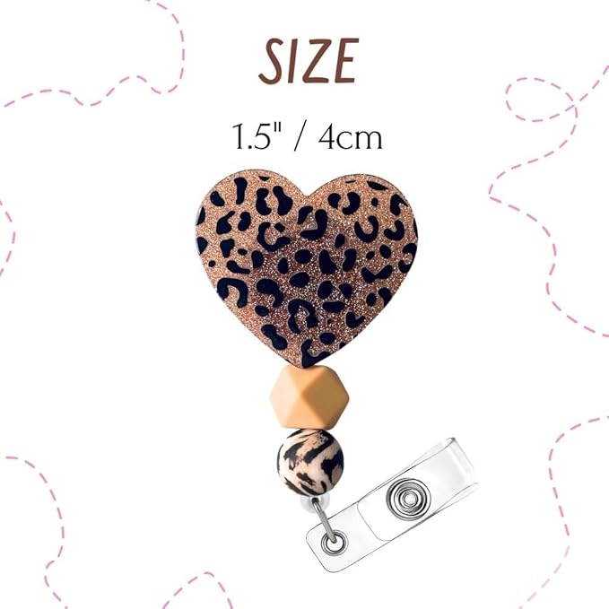 Cheetah Leopard Heart Badge Reel Holder ID Name Retractable Clip Lanyard with Cute Beaded Print Bengals Zoo Keeper Glitter Bling for Nurse Nurses CNA CMA Nursing Healthcare Golden Supplies