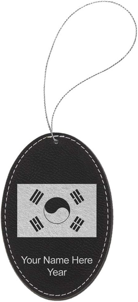 LaserGram Personalized Christmas Ornament, Flag of South Korea, Faux Leather, Custom Laser Engraved Gift Idea (Oval Shape, Black with Silver)