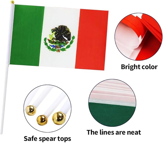 20 Pack Small Mexico Flags on Stick Mini Handheld Mexican Flag for Parades, Independence Day and Patriotic Events 5x8 Inch Durable Weather-Resistant Flags with 12 Inch Sticks(Mexico)