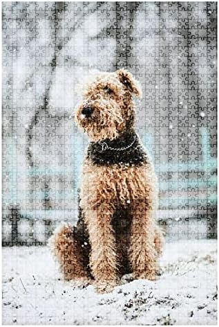 500Piece Puzzle Airedale Terrier Dog Sitting Under Snowfall Indoor Activities Difficult Jigsaw Puzzle Set for Adults Children Educational Toys Gift