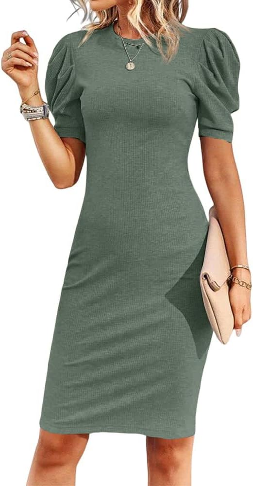 Cicy Bell Women's Puff Sleeve Bodycon Work Dresses Crew Neck Business Casual Office Pencil Dress