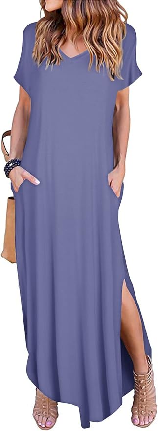 Arolina Women's Summer Maxi Dress Short Sleeve V Neck Casual Loose Long Beach Split Dresses with Pockets