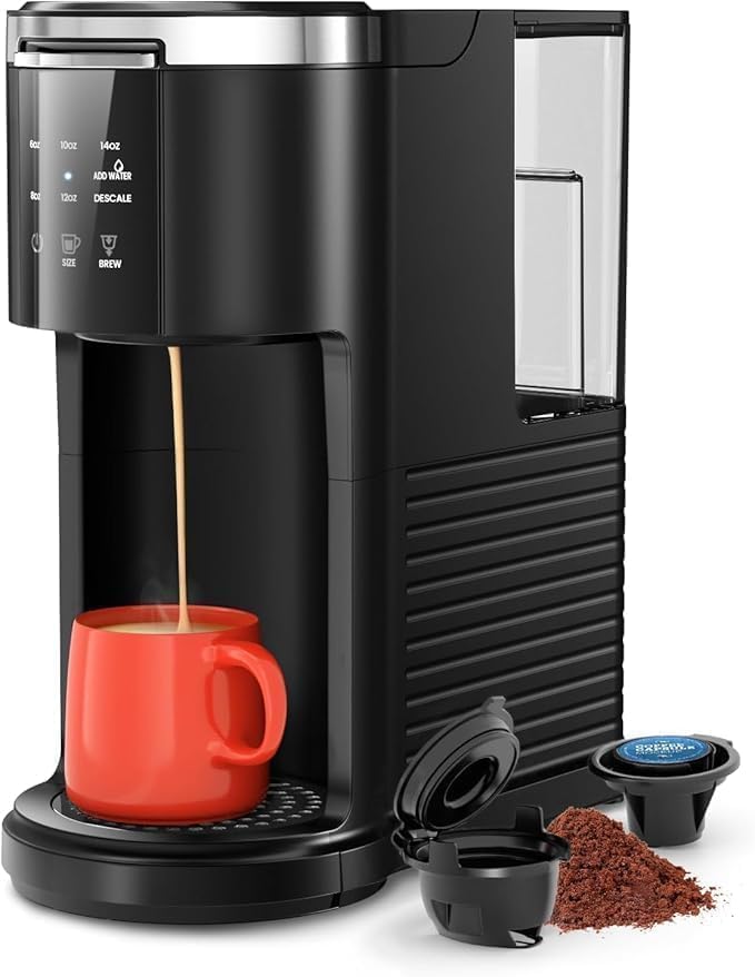 Kismile Single Serve Coffee Maker, 2 in 1 Pod Coffee Maker Machine for K-Cup & Ground, 6 to 14oz Brew Sizes, 40oz Removable Water Reservoir, LCD Screen, Self-cleaning, Black