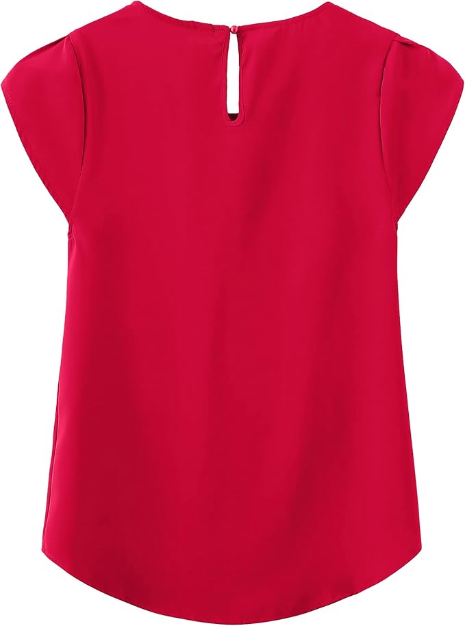 TASAMO Women's Casual Round Neck Basic Pleated Top Cap Sleeve Curved Keyhole Back Chiffon Blouse