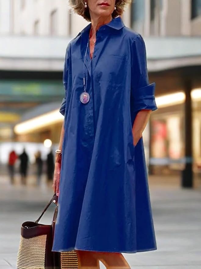 Womens 2025 Long Sleeve Button Down Shirt Summer Dress Casual V Neck Loose Fit Midi Shirt Dresses with Pockets