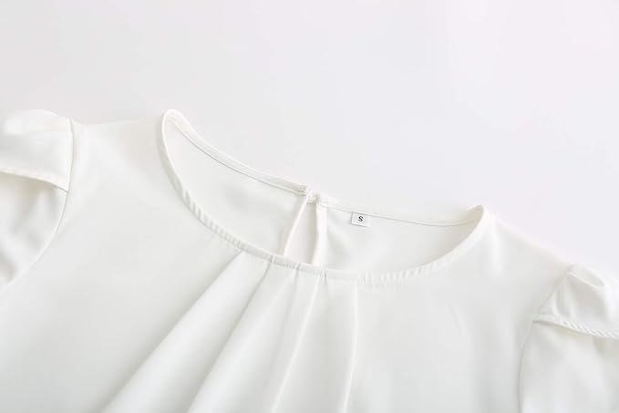 TASAMO Women's Casual Round Neck Basic Pleated Top Cap Sleeve Curved Keyhole Back Chiffon Blouse
