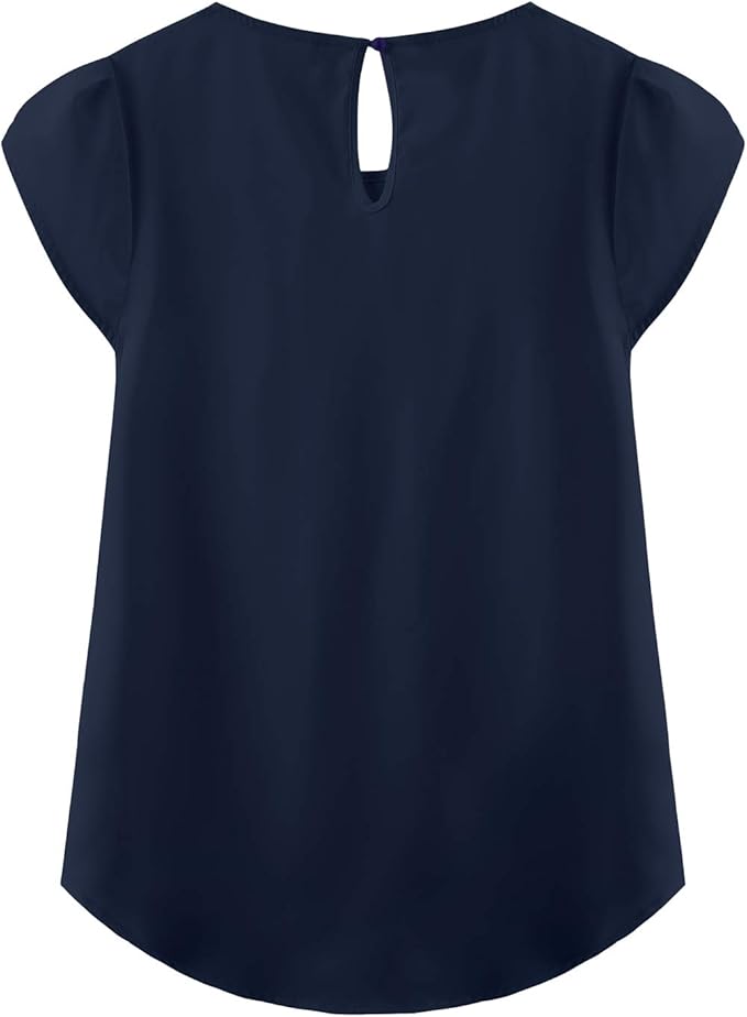 TASAMO Women's Casual Round Neck Basic Pleated Top Cap Sleeve Curved Keyhole Back Chiffon Blouse