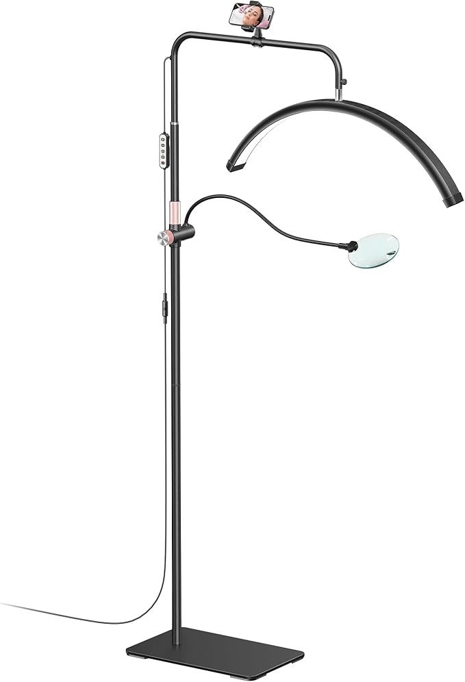 Half Moon Lash Light - Adjustable LED Floor Lash Lamp with 4X Magnifier & Phone Holder for Eyelash Extensions,Nail Art,Tattoo,Skincare,Salon SPA-Dimmable Brightness,Rotating Head, Black