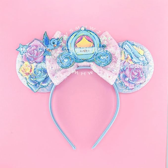 WW-WONDERFULWORLD Mouse Ears Headband With Shiny Sequins Diamond Decoration, for Costume Cosplay Glitter Party, Amusement Park, Blue; 130-7