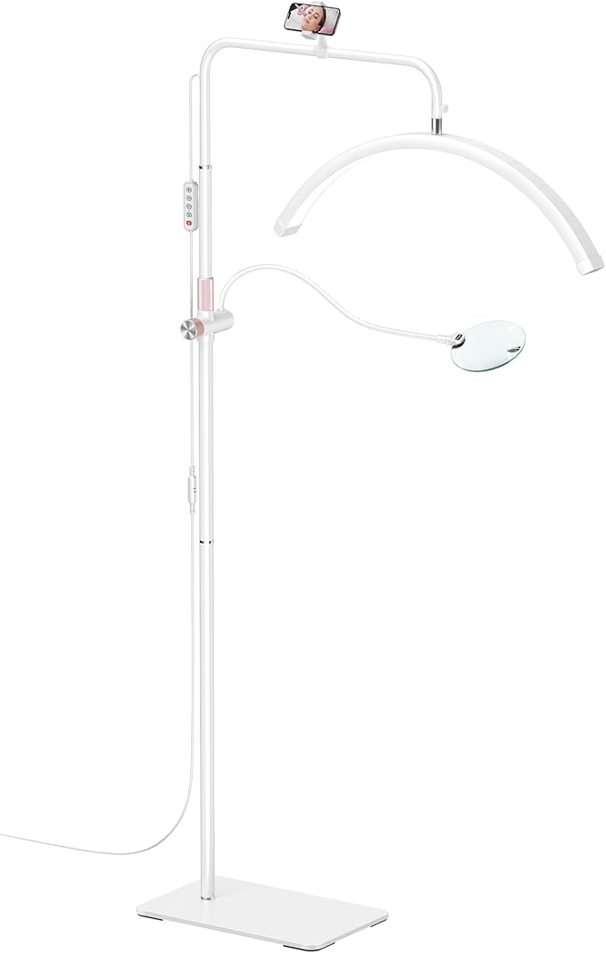 Half Moon Lash Light - Adjustable LED Floor Lash Lamp with 4X Magnifier & Phone Holder for Eyelash Extensions,Nail Art,Tattoo,Skincare,Salon SPA-Dimmable Brightness,Rotating Head, White