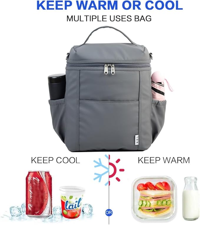 NOL Natural Organic Lifestyle Insulated Lunch Bags for Women Cooler Bag Lightweight Nylon Waterproof Lunch Box For Work (Dark gray, Large)
