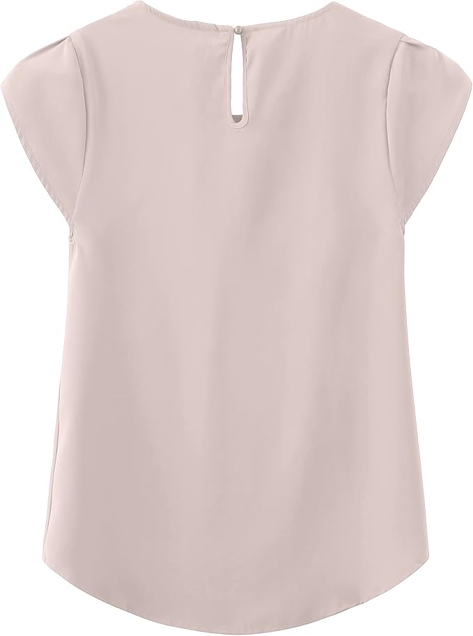 TASAMO Women's Casual Round Neck Basic Pleated Top Cap Sleeve Curved Keyhole Back Chiffon Blouse
