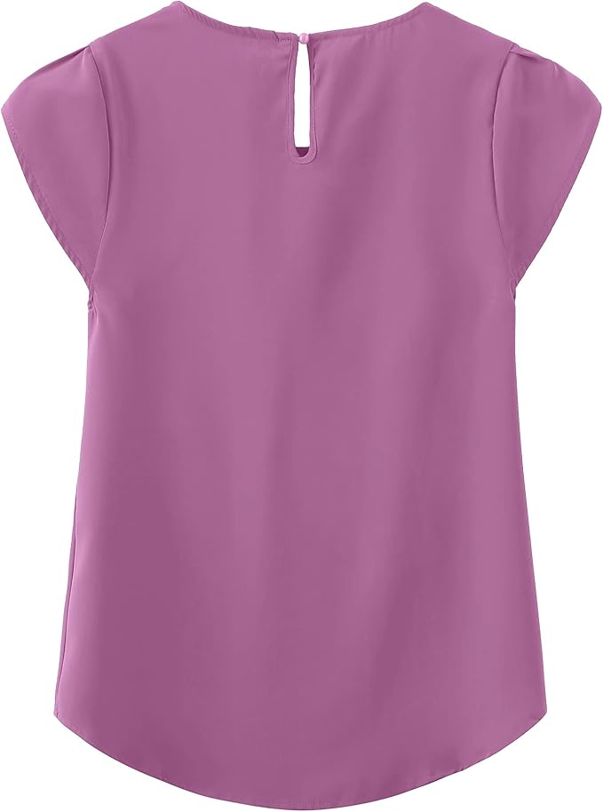TASAMO Women's Casual Round Neck Basic Pleated Top Cap Sleeve Curved Keyhole Back Chiffon Blouse