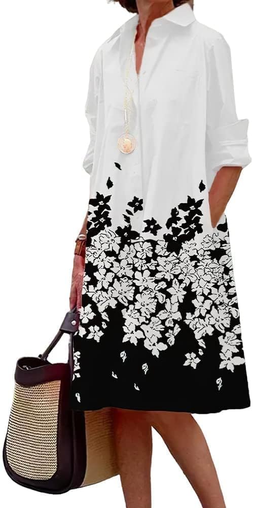 Womens 2025 Long Sleeve Button Down Shirt Summer Dress Casual V Neck Loose Fit Midi Shirt Dresses with Pockets