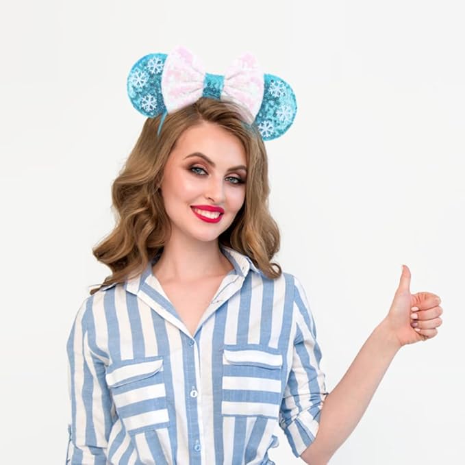 Foeran Mouse Ears Headbands Shiny Bows Mouse Ears Glitter Party Princess Decoration Cosplay Costume for Girls Women (Small ball/sky blue)