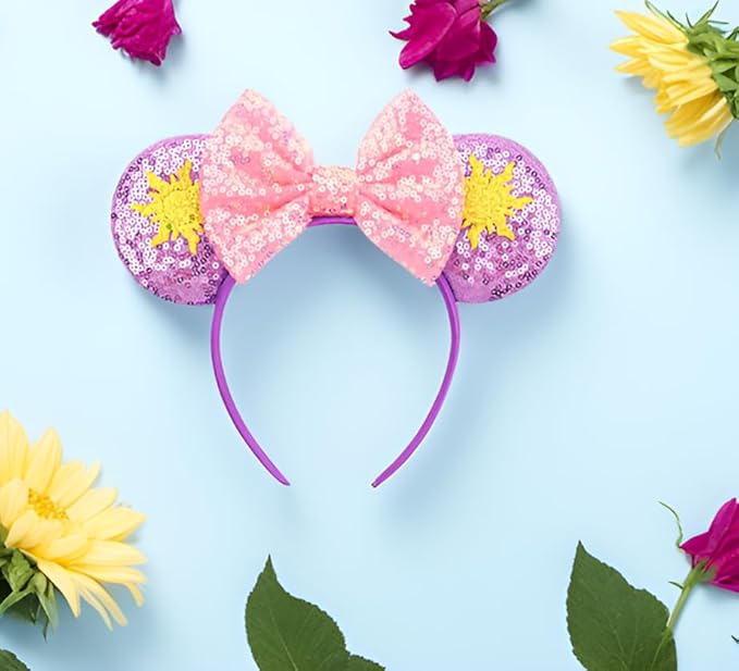 RAZKO Mouse Ears Headband, Sequin Rapunzel Mice Ears Hairband Mouse Hair Acessoreis for Women Girls (Sun Flower)