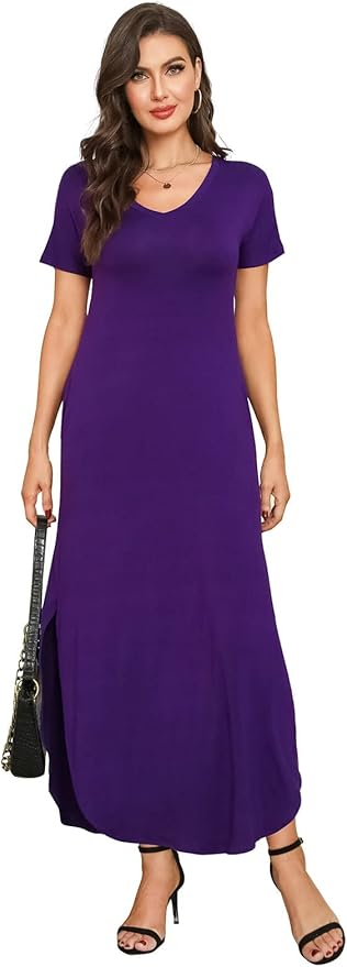 Arolina Women's Summer Maxi Dress Short Sleeve V Neck Casual Loose Long Beach Split Dresses with Pockets