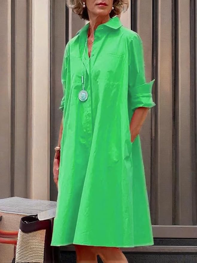 Womens 2025 Long Sleeve Button Down Shirt Summer Dress Casual V Neck Loose Fit Midi Shirt Dresses with Pockets