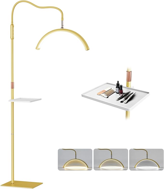 Half Moon Lash Light, LED Moon Lamp with Tool Tray for Eyelash Extensions, Nail Art, Tattoo and Skincare, Adjustable Color Temperature and Brightness (Gold)