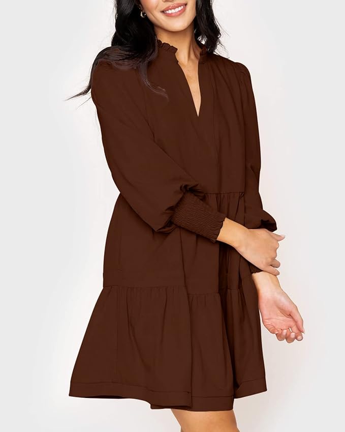Imily Bela Womens Fall Long Sleeve Tunic Dress Casual V Neck Loose Ruffle Tiered Dress