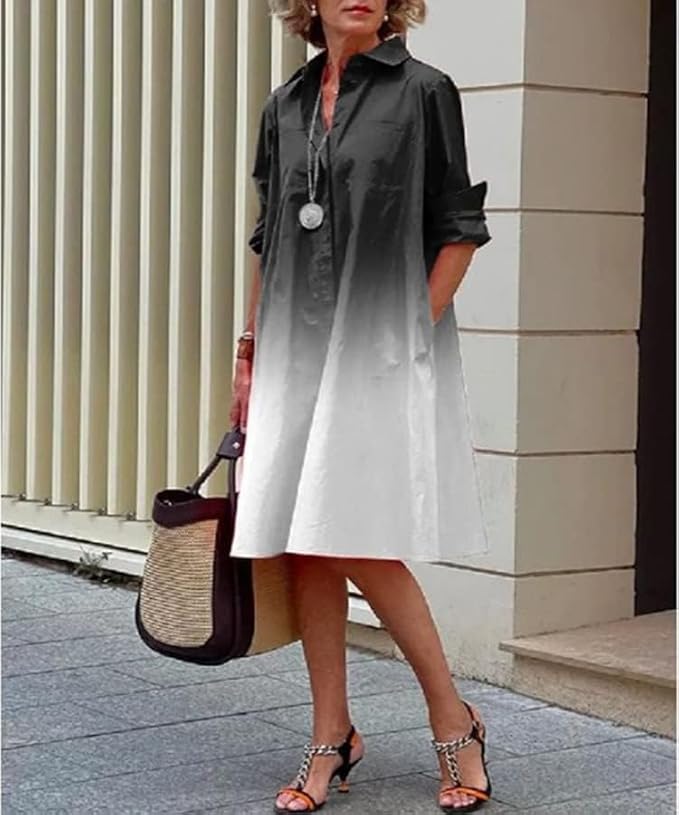 Womens 2025 Long Sleeve Button Down Shirt Summer Dress Casual V Neck Loose Fit Midi Shirt Dresses with Pockets