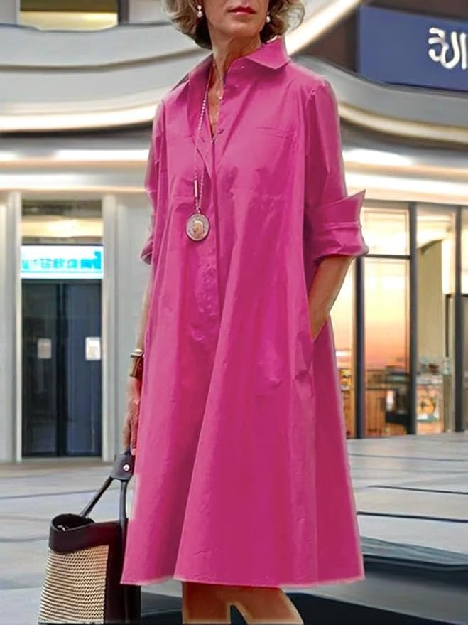 Womens 2025 Long Sleeve Button Down Shirt Summer Dress Casual V Neck Loose Fit Midi Shirt Dresses with Pockets