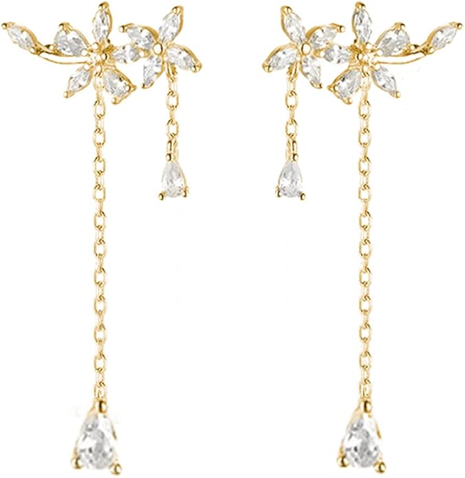 SLUYNZ 925 Sterling Silver CZ Flowers Wrap Dangle Chain Earrings - Elegant Bridal Wedding Engagement Drop Earrings