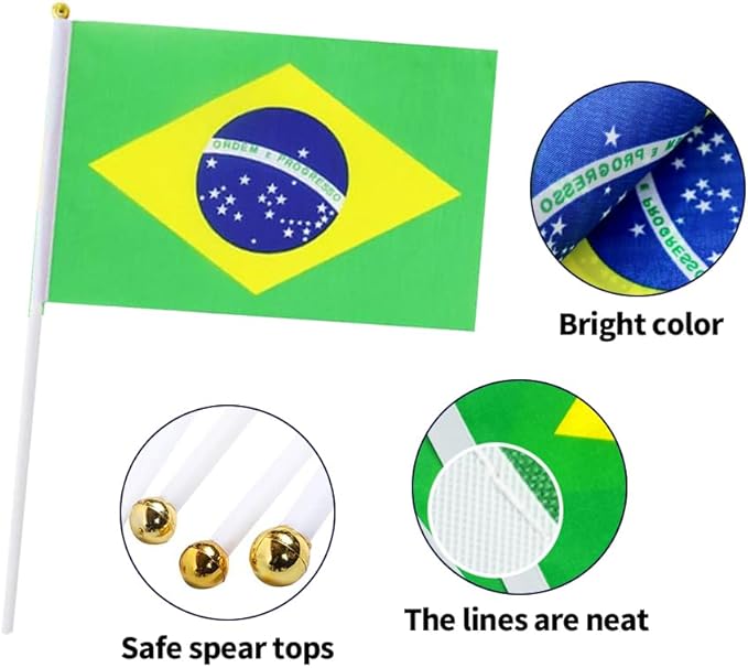 20 Pack Small Brazil Flags on Stick Mini Handheld Brazilian Flag for Parades, Independence Day and Patriotic Events 5x8 Inch Durable Weather-Resistant Flags with 12 Inch Sticks(Brazil)