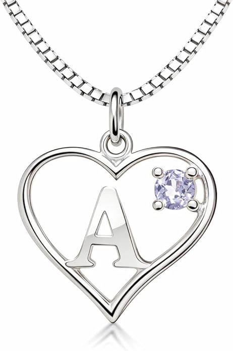 Icy Jewelry Silver Sterling Necklace Initial Letter A-Z Birthstone for Women – Personalized Custom Jewelry Pendant with Heart Design Customized Dainty Charm for Wife Girlfriend Mom – 18" Box Chain