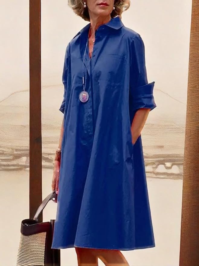 Womens 2025 Long Sleeve Button Down Shirt Summer Dress Casual V Neck Loose Fit Midi Shirt Dresses with Pockets