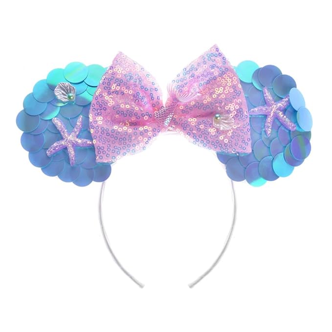 WW-WONDERFULWORLD Mouse Ears Headband With Shiny Mermaid Sequins & Bow, for Girls Costume Cosplay Glitter Ocean Party, for Kids & Adult, Blue; MRY1