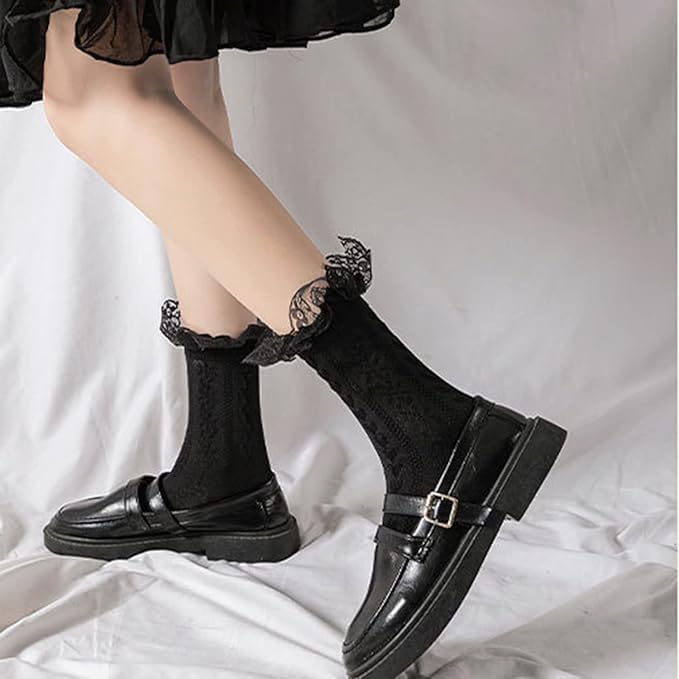 BIVOLU Womens Crew Socks Lace Ruffle Frilly Cotton Cute Princess Ankle Dress Socks for Girl 5 Pack