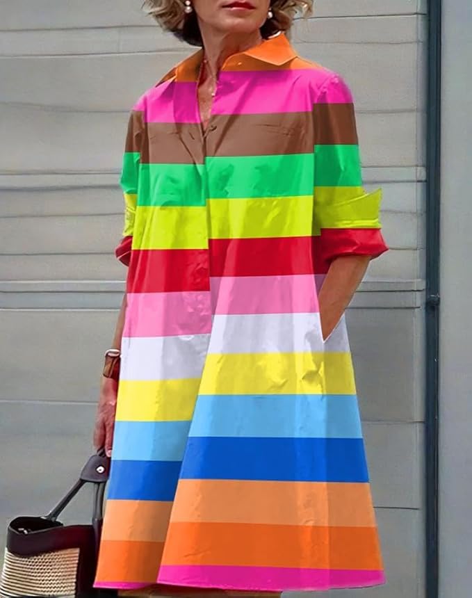 Womens 2025 Long Sleeve Button Down Shirt Summer Dress Casual V Neck Loose Fit Midi Shirt Dresses with Pockets