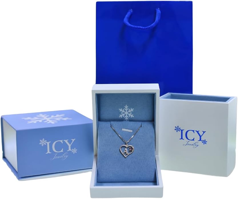 Icy Jewelry Silver Sterling Necklace Initial Letter A-Z Birthstone for Women – Personalized Custom Jewelry Pendant with Heart Design Customized Dainty Charm for Wife Girlfriend Mom – 18" Box Chain
