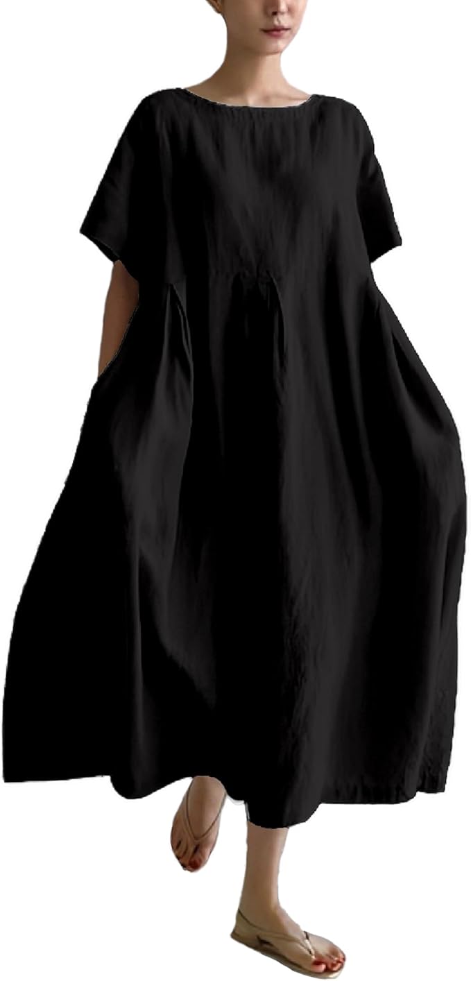 MARSVOVO Patchwork Flowy Dresses for Women Plus Size Loose Casual Tunic Dress Elegant Crewneck Maxi Dresses with Pockets
