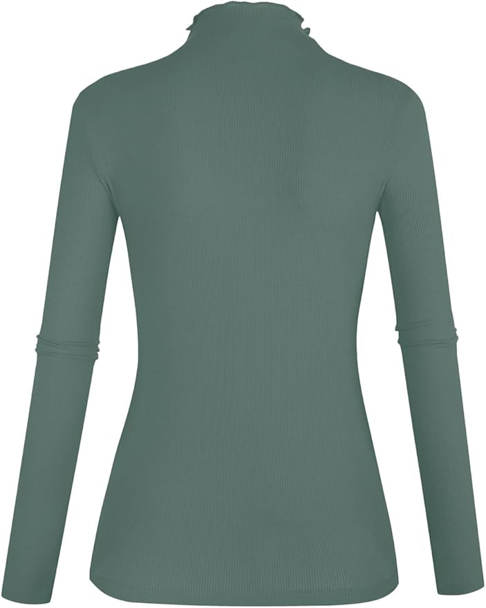 POPZONE Women's Lettuce Trim Mock Neck Long Sleeve Slim Fit Ribbed Knit Tee Shirt Tops