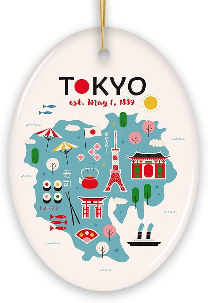 Minimalistic Elegant Tokyo Cultural Ornament, Vintage Japanese Landmarks Gift