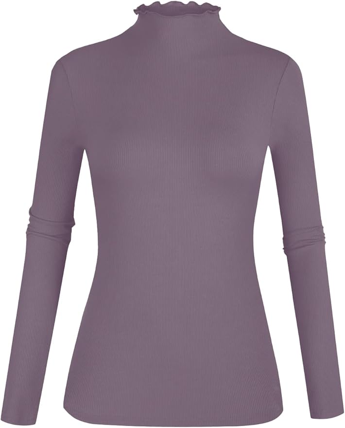 POPZONE Women's Lettuce Trim Mock Neck Long Sleeve Slim Fit Ribbed Knit Tee Shirt Tops