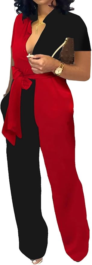 SeNight Women's Jumpsuits Elegant Business Casual Button Down V Neck Long Sleeve Strap Straight Long Pants With Pockets